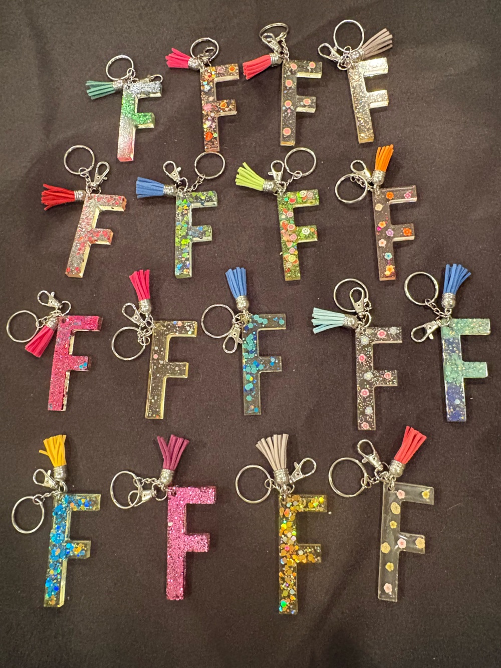Letter F Glitter Resin Keychain with Tassel